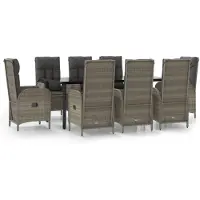 vidaXL 9-tlg. Garten-Essgruppe mit Kissen Schwarz und Grau Poly Rattan