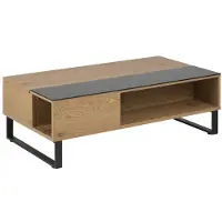 Ebuy24 Allan Couchtisch mit Hebe/Senkefunktion und Aufbewahrung in Eiche Furnier und schwarzen Glas.