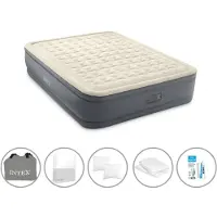Intex Luftbett - 2 Personen - 152 x 203 x 46 cm - Grau - Mit elektrischer Pumpe + Spannbettlaken Weiß + Kopfkissen + Molton 2 in 1 Kissenbezüge + Reperaturset