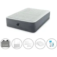 Intex Luftbett - 2 Personen - 152 x 203 x 46 cm - Grau - Mit Pumpe + Spannbettlaken Weiß + Kopfkissen + Molton 2 in 1 Kissenbezüge + Reperaturset