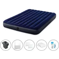 Intex Luftbett - 2 Personen - 152 x 203 x 25 cm cm - Blau + Elektropumpe - 650 Liter/Min + Spannbettlaken Weiß + Kopfkissen + Molton 2 in 1 Kissenbezüge + Reperaturset