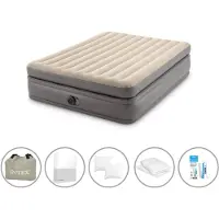Intex Luftbett - 2 Personen - 152 x 203 x 51 cm - Grau - Mit eingebauter Pumpe + Spannbettlaken Weiß + Kopfkissen + Molton 2 in 1 Kissenbezüge + Reperaturset