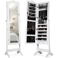 Costway Schmuckschrank mit 14 LED Leuchten, Schmuckregal mit Ganzkörperspiegel abschließbar, Schmuck Spiegelschrank 4 stufig neigungsverstellbar für Ringe, Kettenhaken und Ohrringe (Weiß)