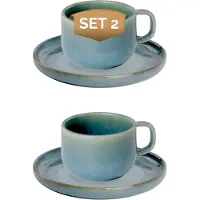 Palmer Miami Kaffeetassen Untertassen - 2er-Set, Steinzeug, türkis grün, 21 cl – 8,5 cm moderne, kompakte Form, für Kaffee, Cappuccino, Tee und Kakao