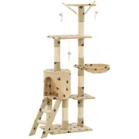 The Living Store Katzenkratzbaum mit Sisal 138 cm Beige Pfoten-Aufdruck
