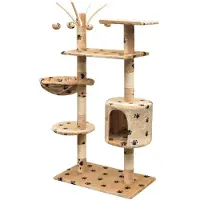 The Living Store Katzen-Kratzbaum 125 cm Beige mit Pfoten-Aufdruck