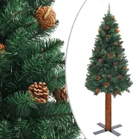 The Living Store Weihnachtsbaum Schlank mit Echtholz und Zapfen Grün 180 cm PVC