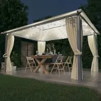 The Living Store Pavillon mit Vorhängen & LED-Lichterkette 400x300 cm Creme Alu