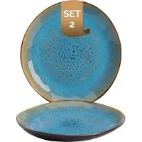 Palmer Lotus Teller flach - 2er-Set, Steinzeug, Ø 20,5 cm, Türkis teilglasiert, organische Form, für FrühStück, Brotzeit oder als Kuchenteller