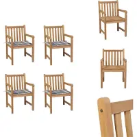 vidaXL Gartenstühle 4 Stk. Graue Karomuster-Kissen Massivholz Teak - Gartenstühle