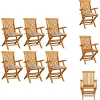 vidaXL Gartenstühle Graue Karomuster-Kissen 6 Stk. Massivholz Teak - Gartenstühle