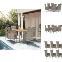 vidaXL 7-tlg. Garten-Essgruppe mit Kissen Grau Poly Rattan - Gartenstühle