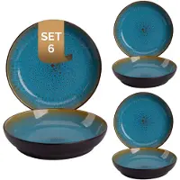 Palmer 6 x Lotus Teller tief, Steinzeug, Ø 21 cm, für ein 6 Personen Gedeck, außen dunkelbraun matt, innen türkis glänzend, Farbverlauf.