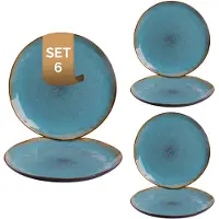 Palmer 6 x Lotus Teller flach, Steinzeug, Ø 27,5 cm, für ein 6 Personen Gedeck, außen dunkelbraun matt, innen türkis glänzend, Farbverlauf.