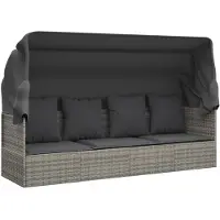 The Living Store Outdoor-Loungebett mit Dach und Kissen Grau Poly Rattan