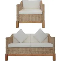 vidaXL 2-tlg. Sofagarnitur mit Kissen Natur Rattan