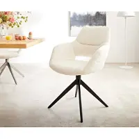 DELIFE Drehstuhl Yago-Flex mit Armlehnen Bouclé Weiß Kreuzgestell breit Schwarz 360° drehbar Taschenfederkern