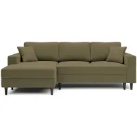 Selsey Nalika - Ecksofa mit Schlaffunktion, Bettkasten, Samtbezug Olivgrün wasserabweisend, linksseitig