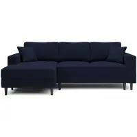 Selsey Nalika - Ecksofa mit Schlaffunktion, Bettkasten, Samtbezug Dunkelblau wasserabweisend, linksseitig