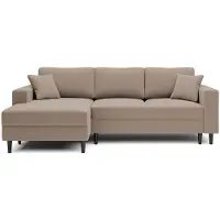 Selsey Nalika - Ecksofa mit Schlaffunktion, Bettkasten, Samtbezug Dunkelbeige wasserabweisend, linksseitig
