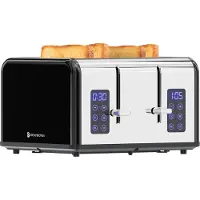 Kitchenbrothers Toaster - Toaster - 6 Bräunungsstufen - 4 Scheiben - 4 Extra Breite Schlitze - Touch-Display - 1630W - Edelstahl/Schwarz