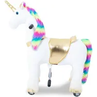 Vrooomy Einhorn auf Rollen Kinder Reittier Klein (4–6 Jahre) – Mechanisches Reitpferd mit Galoppfunktion & Lenkung – Plüsch Reittier Indoor & Outdoor – Regenbogen