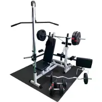 Gorilla Sports Kraftstation - Hantelbank mit verstellbare Hantelablage, Latzugturm, Butterfly, Curlpult, Beincurler und 100 kg Hantelset, Farbwahl - Trainingsbank, Fitnessstation, Trainingsstation
