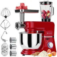 Kitchenbrothers Küchenroboter - 6-in-1 Küchenmaschine - 1500W - Mit Fleischwolf, Mixer und 15 Zubehörteilen - 6,2L Edelstahlschüssel - Rot