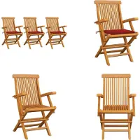 vidaXL Gartenstühle mit Roten Kissen 3 Stk. Massivholz Teak - Gartenstuhl - Gartenstühle - Gartenstuhl Holz - Gartenstuhl Massivholz