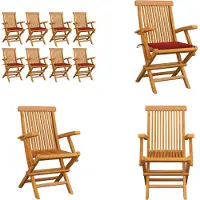 vidaXL Gartenstühle mit Roten Kissen 8 Stk. Massivholz Teak - Gartenstuhl - Gartenstühle - Gartenstuhl Holz - Gartenstuhl Massivholz
