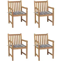 vidaXL Gartenstühle 4 Stk. Graue Karomuster-Kissen Massivholz Teak