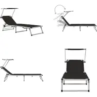 vidaXL Klappliege mit Sonnenschutz Aluminium und Textiline Schwarz - Gartenliege - Gartenliegen - Sonnenliege - Sonnenliegen