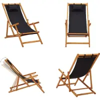 vidaXL Klappbarer Strandstuhl Eukalyptus Massivholz und Stoff Schwarz - Strandstuhl - Strandstühle - Campingstuhl - Campingstühle