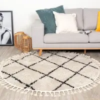 FRAAI Teppich Hochflor Rund - Grand Lines Weave Creme Schwarz Ø 200 cm