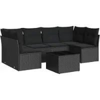 vidaXL 7-tlg. Garten-Sofagarnitur mit Kissen Schwarz Poly Rattan