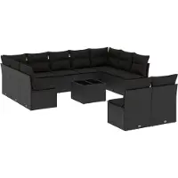 vidaXL 12-tlg. Garten-Sofagarnitur mit Kissen Schwarz Poly Rattan