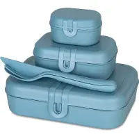 Koziol Lunchbos Set PASCAL READY inkl. Besteck, 4-teilig, Ideale Brotdosen für den Alltag im Büro oder in der Schule, 1 Set, Farbe: blau