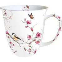 Ambiente Tasse 10cm Porzellan mit Kirschblüten & Vogel Motiv - 0,4L Keramiktasse Porzellangeschirr Kaffeetasse Teetasse Kakaotasse Frühlingsgeschirr Rosa Weiß