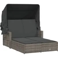 vidaXL Doppel-Sonnenliege mit Dach und Auflagen Grau Poly Rattan