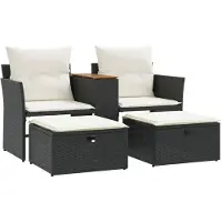 vidaXL Gartensofa 2-Sitzer mit Hockern Schwarz Poly Rattan