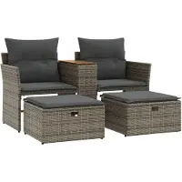 vidaXL Gartensofa 2-Sitzer mit Hockern Grau Poly Rattan