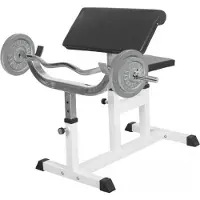 Gorilla Sports Curlbank - mit Curlstange 120cm, Gusseisen Hantelscheiben, bis 200kg, Sitz, Curlpult, Ablage 5-Fach verstellbar, Rutschfesten Füßen - Curl Hantelbank, Scottbank, Bizepsbank, Hantelset