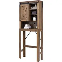 Costway Toilettenschrank mit Schiebetür und 3-Fach verstellbaren Regalböden, Toilettenregal Holz, Badezimmerregal freistehend, Überbauschrank braun Waschmaschinenregal
