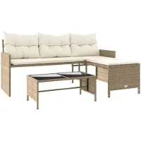 vidaXL Gartensofa in L-Form mit Tisch und Kissen Beige Poly Rattan