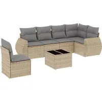 vidaXL 7-tlg. Garten-Sofagarnitur mit Kissen Beige Poly Rattan