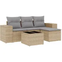 vidaXL 5-tlg. Garten-Sofagarnitur mit Kissen Beige Poly Rattan