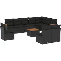 vidaXL 11-tlg. Garten-Sofagarnitur mit Kissen Schwarz Poly Rattan