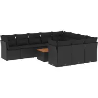 vidaXL 11-tlg. Garten-Sofagarnitur mit Kissen Schwarz Poly Rattan