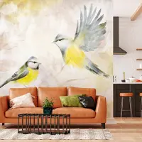 Artgeist Fototapete – Gemalte Meisen – ein Vogelmotiv mit Mustern in Gelb- und Beigetönen