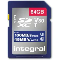 Integral INSDX64G-100V30 64GB SD CARD SDXC UHS-1 U3 CL10 V30 UP TO 100MBS READ 45MBS WRITE, 64 GB, SD, UHS-I, 180 MB/s, 45 MB/s, Class 3 (U3)